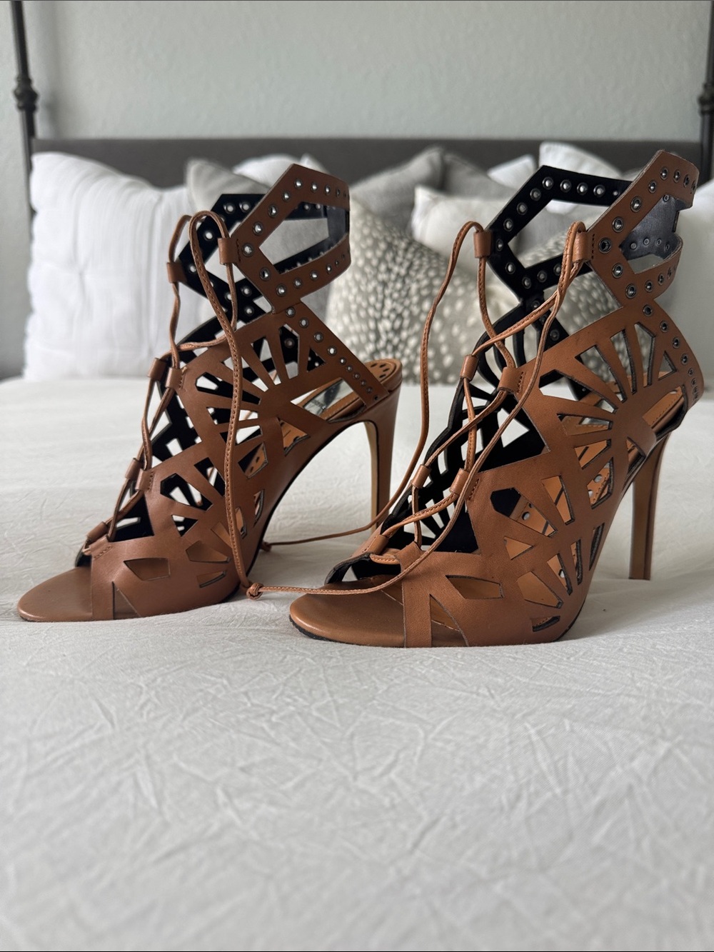 Dolce Vita Brown Laser-Cut Lace-Up Stiletto Sandals
